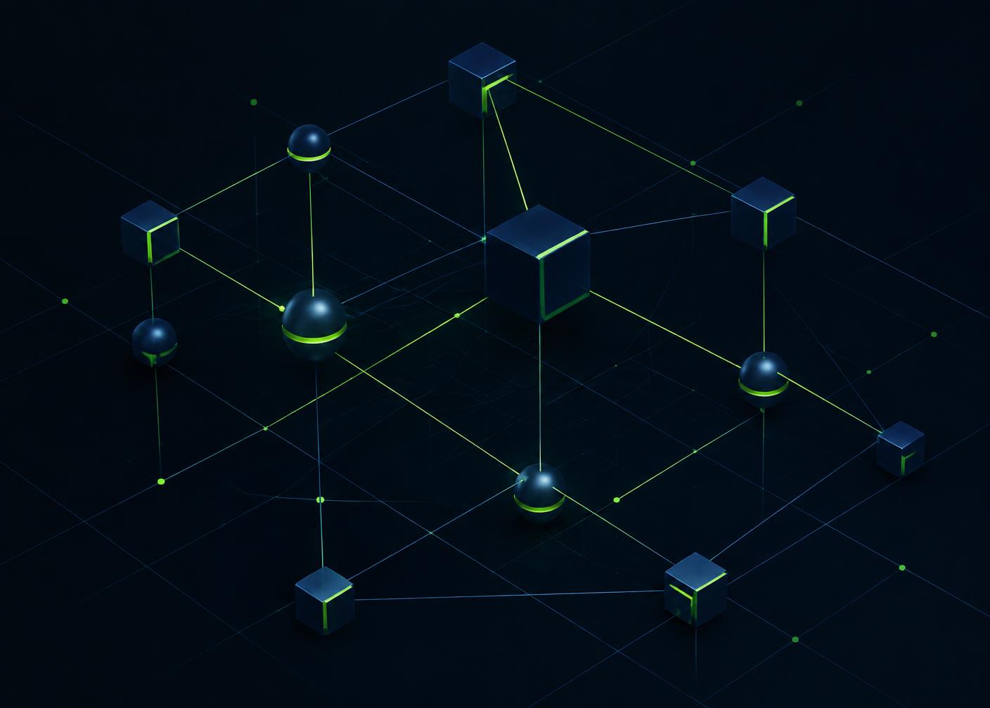 Abstract three-dimensional diagram of connected nodes on a dark background