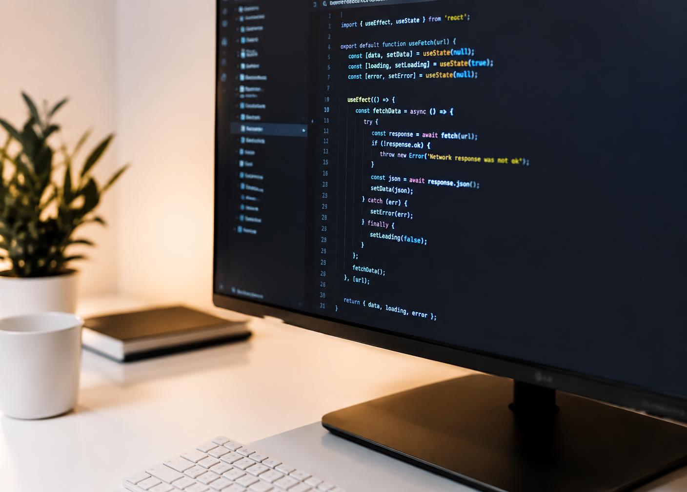 Source code displayed in a dark editor on a monitor at a tidy desk