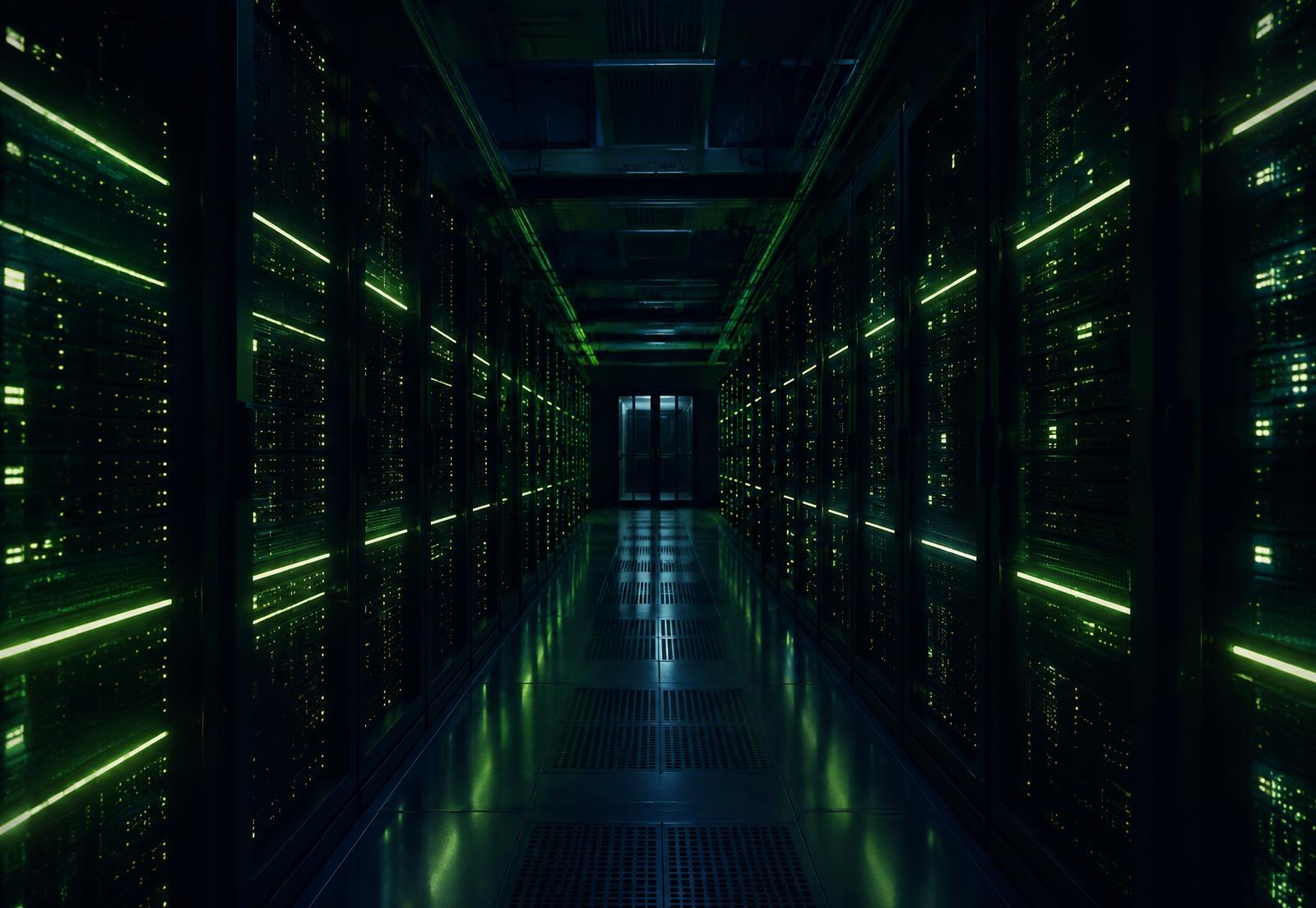 Data centre corridor lined with server racks and narrow green indicator lights