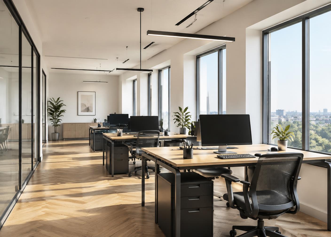 A bright open-plan technology workspace with empty desks, monitors, and large windows